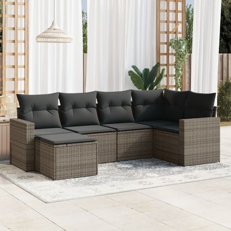 Salon de Jardin Modulable 6 Pièces Résine Tressée Gris Canapé d'Extérieur avec Coussins, Rangement & Tabouret Ensemble Complet Patio Facile à Nettoyer (1/3)