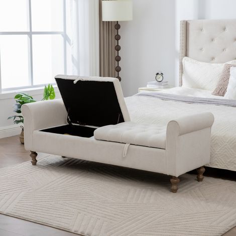 Banc de rangement velours beige 156 x 46 x 51 cm, accoudoirs roulés, repose-pieds, pieds hévéa, convertible lit de jour pour salon entrée chambre (1/5)