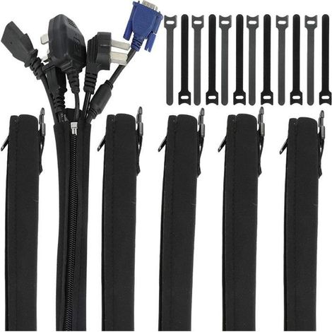 Lot de 6 Manchon de Câble Gaine Ajustable Gestion des Câbles Rangement avec 12 attaches de câble réutilisables (1/4)