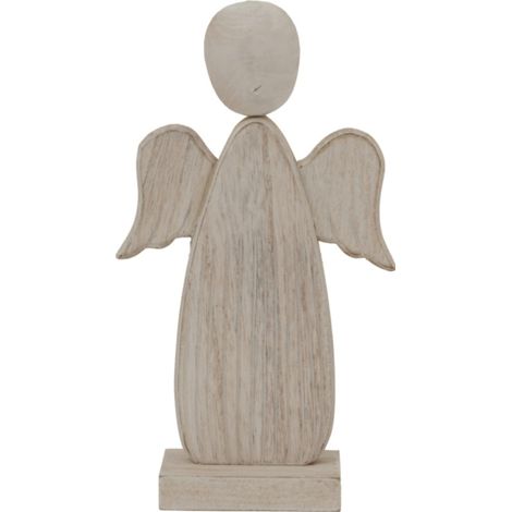 Large Whitewashed Rustic Angel Decoration - Wood - L5 x W13 x H2 cm - Brown