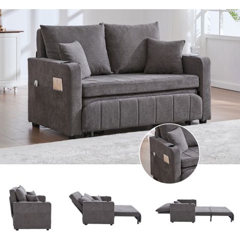 Multifunktionales Stoffsofa, ausziehbares Klappsofa, als Sofa oder Bett nutzbar, mit Aufbewahrungstaschen an den Armlehnen, USB-Ladefunktion und Getränkehaltern (grauer Chenille-Stoff)