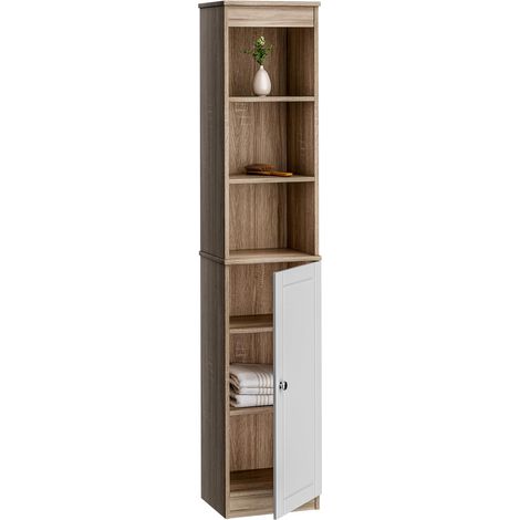 Armoire colonne de salle de bain marron à 6 étagères avec porte, meuble modulable 26x34x170 cm en bois ingénierie, gain de place pour salle de bain couloir buanderie (1/5)