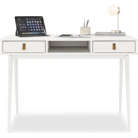 Bureau KIM en pin massif avec 2 tiroirs et 1 niche lasuré blanc (1/4)