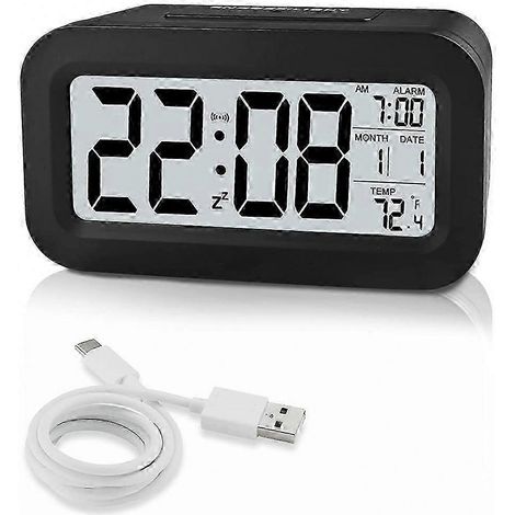 Ce réveil intelligent à capteur de lumière est un réveil numérique rechargeable avec affichage de l'heure et de la date au format 12/24 heures, idéal pour une utilisation sur la table de chevet. (1/5)