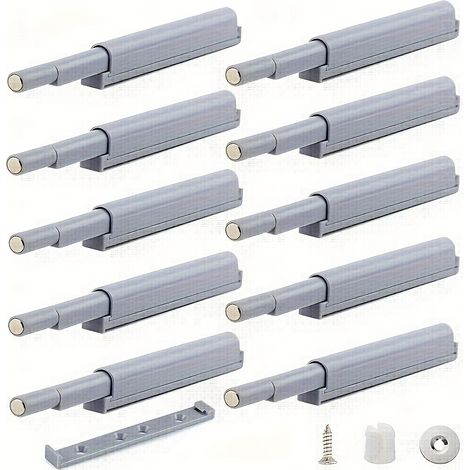 10 pièces Verrous magnétiques à pousser, Verrous d'armoires et de tiroirs à déclenchement tactile, facile à installer, pour meubles et armoires de cuisine, Gris (1/5)