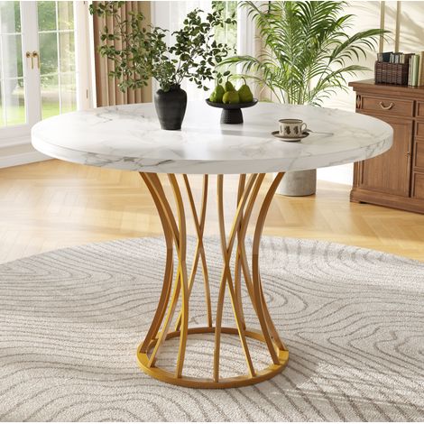 MEUBLIV Mesa de comedor redonda 80x80x76 cm dorada – tablero efecto mármol, 4-6 plazas (1/5)
