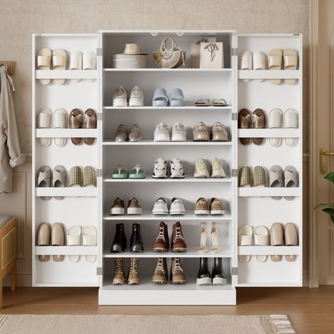 Meuble à chaussures 80x40x160 cm, haut et spacieux avec portes, compartiments de rangement à plusieurs niveaux, blanc (1/5)