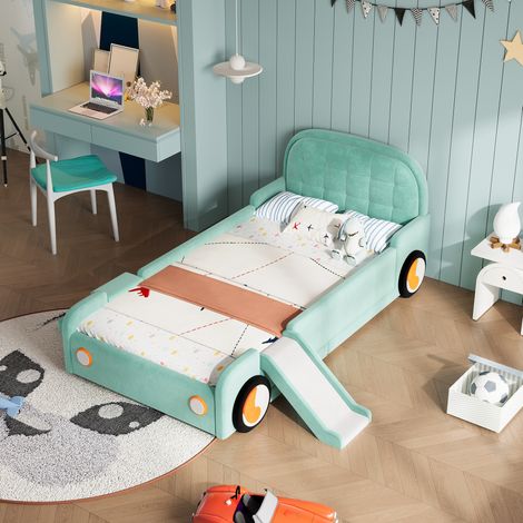Cama infantil coche 218.5x107x86 cm azul verdoso en terciopelo con tobogán y escalera (1/5)