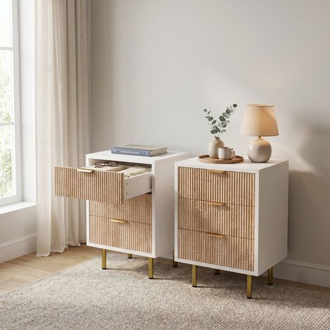 Lot de 2 Tables de chevet, 40x40x65cm, avec 3 tiroirs de rangement, panneaux cannelés, en bois et métal, style moderne, Blanc et Bois (1/5)