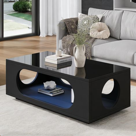 Table basse avec éclairage LED (contrôle par application), 100x50x35cm, matériau MDF, capacité de charge 30kg, table basse ajourée brillante, table d’appoint avec grand espace de rangement, table de s (1/5)