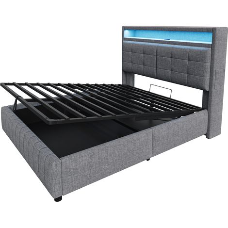 Cama doble capitoné 160 x 200 cm gris con LED, USB y almacenamiento hidráulico (1/5)