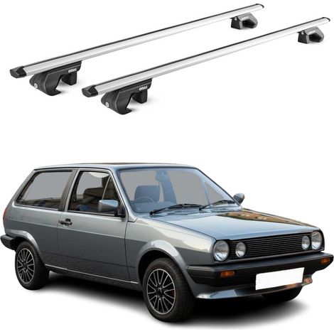 OMAC Dachträger Aluminium TÜV geprüft für VW Polo mk2 1981-1994 – Für Standard Dachreling – T Nut – Max 90 kg – 2 Schlösser Silber