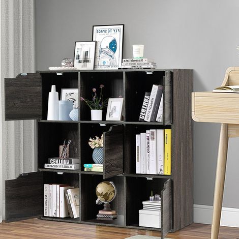 Scaffale portaoggetti a 9 scomparti con ante libreria autoportante in legno grigio