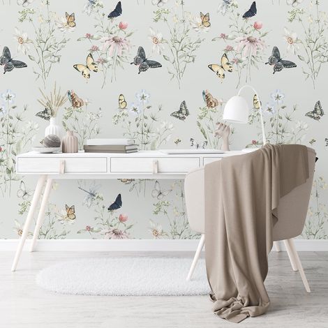Tapete mit floralen Naturmotiven für Kinderzimmer und Wohnzimmer Schmetterlinge