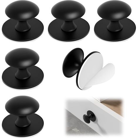 Lot de 6 boutons de meuble autocollants noirs ronds en acier inoxydable, sans perçage, à coller sur les tiroirs, les portes de douche, les placards, les glacières et les portes en verre (1/4)