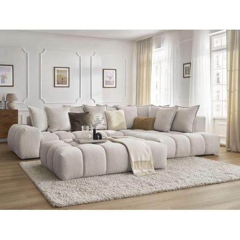 BOBOCHIC - Canapé d'angle fixe EVEREST tissu texturé avec pouf Angle droit Beige (1/5)