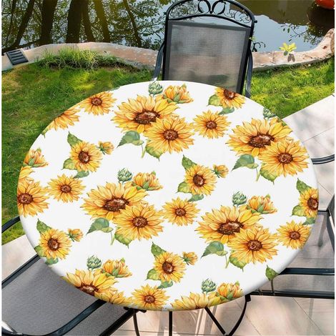 Runde Tischdecke Outdoor wetterfest mit Gummizug 120 cm, wasserdicht, abwischbar, Sonnenblumenmuster