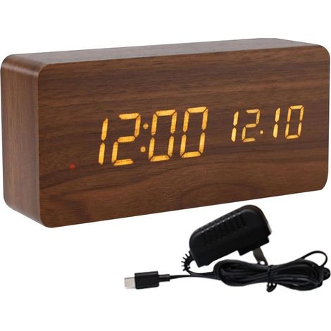 Horloge numérique en bois brun avec LED blanche- réveil numérique de bureau en bois- réveil numérique LED- luminosité réglable- horloge numérique de chevet. (1/5)