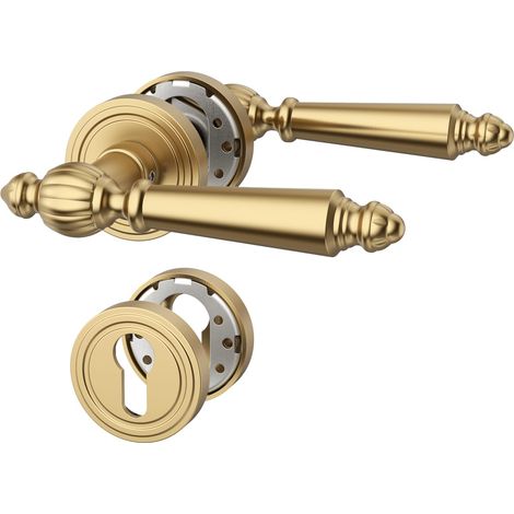 Poignée de porte intérieure Oro Champagne avec rosace ronde, ensemble béquille PZ avec cylindre européen, design classique pour portes d'entrée et intérieures UK0100 (1/5)