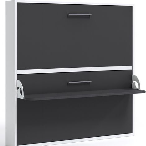 Lit escamotable horizontal superposé 90x180 avec tablette synchronisée Studio-Coffrage Blanc-Façade Gris anthracite (1/5)