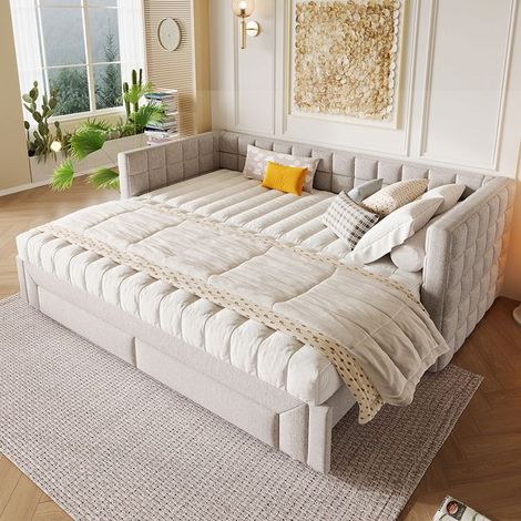 Lit de jour,LIT GIGOGNE 90 x 200cm,canapé-lit avec dossier carré, 2 tiroirs,sans matelas,Beige (1/5)
