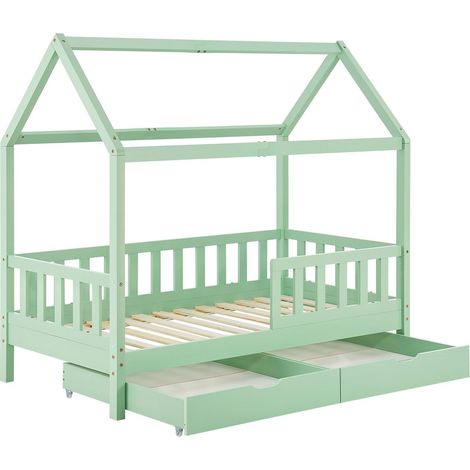 Letto per bambini Marli 90 x 200 cm con rete Menta 90 x 200 cm Letto a casetta con tetto, rete a doghe, protezione anticaduta e spazio di archiviazione (1/3)