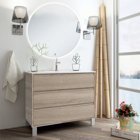 Meuble de salle de bain simple vasque - 3 tiroirs - cambrian (chêne clair) - TIRIS 3C et miroir rond Led SOLEN - 80cm (1/5)