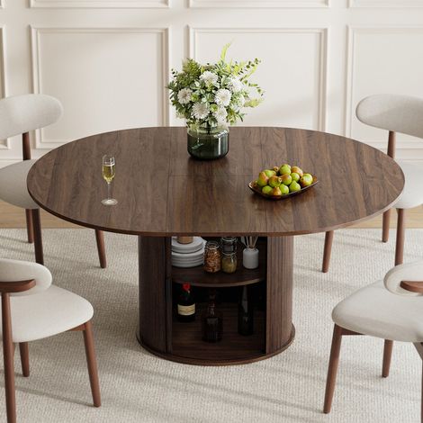 Table extensible 6 places en bois avec rangement intégré, plateau rabattable et pied design, Noyer foncé
