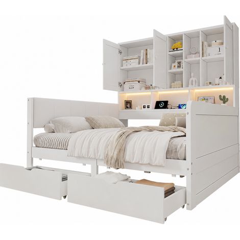 Lit 140x200 avec rangement, LED connectée, USB/USB-C et prise, tête de lit en cuir régénéré, 2 tiroirs, étagères et placards, blanc  CHICFURN (1/5)