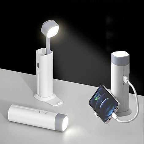 Lampe de poche 4 en 1 5500K + lampe de table pliable + banque d'alimentation + support de téléphone 1200mAh charge USB lecture de chevet protection des yeux éclairage de torche extérieur - blanc (1/5)