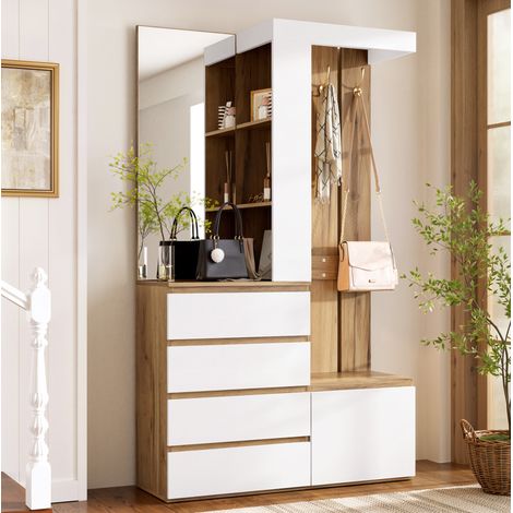 MODFU – Ensemble vestiaire 100x35x180 cm panneaux – Miroir, 4 tiroirs, porte, crochets et rangement – Charge 50 kg, anti-basculement – Entrée – Blanc et naturel (1/5)