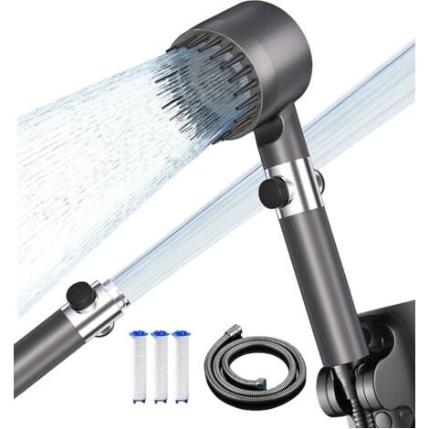 Pommeau de Douche Anti Calcaire, 4 Types de Jets Pommeau de Douche Haute Pression avec Tuyau Douche 1.5M et Support de Douche, Pommeau Douche Economie, pour l'eau dure (Dark grey) (1/5)