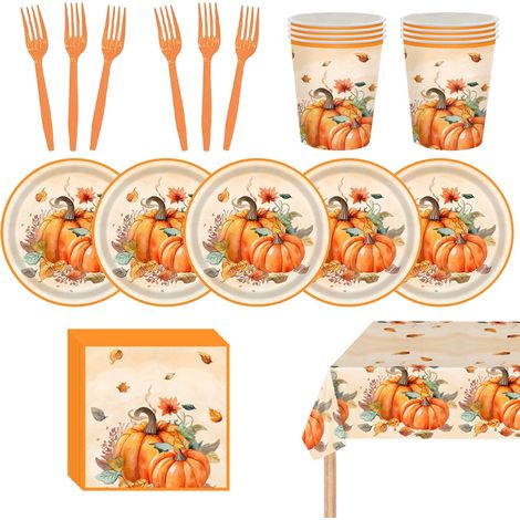 Assiettes et serviettes en papier à motifs de tournesol et de citrouille, avec fourchettes, pour une ambiance automnale (1/4)