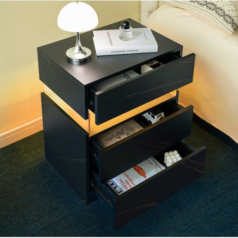 Table de chevet LED 3 tiroirs 45x35x60 cm noir et doré en bois d'ingénierie avec rangement (1/5)