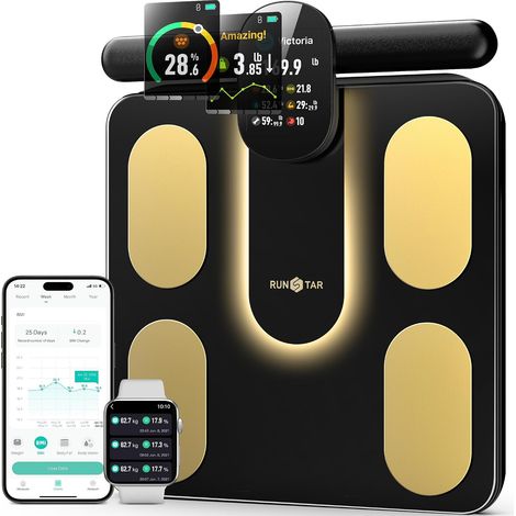 Balance Pese Personne Intelligent, Pèse Personne avec 8 Électrodes, IMC, Masse Grasse, 28 Mesures Corporelles, Écran TFT Couleur avec Poignée Rétractable (1/5)