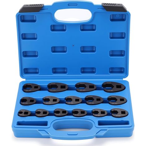 15 PCS Crowfoot Ensemble de Clés, Ensemble de Clé à Fourche à Emmancher 1/2" 3/8", Entraînement Extérieur Carré Clé, 8-24mm Drive Métrique Coffret de Douilles à Tuyauter, Clé à Écrou Évasé (1/5)