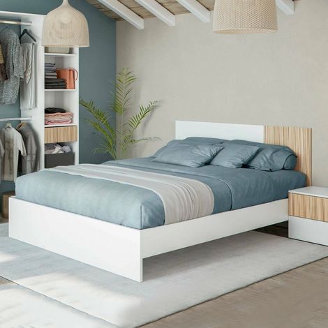 Dmora - Cabecero Doyon, Cabecero con 2 mesitas de noche, Juego de dormitorio, 266x34h89 cm, Blanco y Roble (1/5)