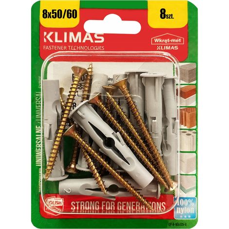 Chevilles Universelles Klimas 8 x 60 Avec Vis Tete Fraisee PZ2, Blister De 8