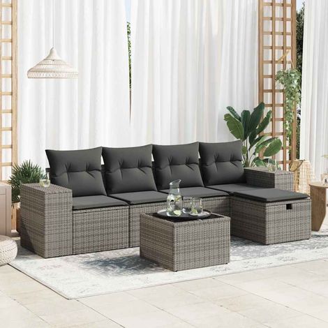 Set de muebles de jardín 6 pzas y cojines ratán sintético gris vidaXL (1/5)