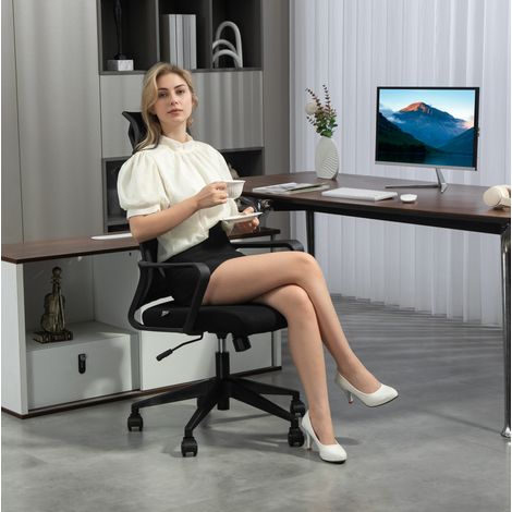 Sedia da ufficio 60x64x102-112 cm nera in mesh con poggiatesta regolabile e funzione oscillante (1/5)