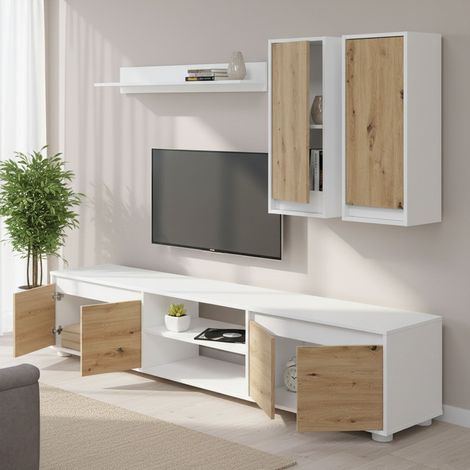 Dmora - Wohnwand Dnuh, Wohnzimmerset, Mehrzweck-Wohnzimmermöbel, Komposition für modernes Wohnzimmer, 200x40h114 cm, Weiß und Eiche (1/5)