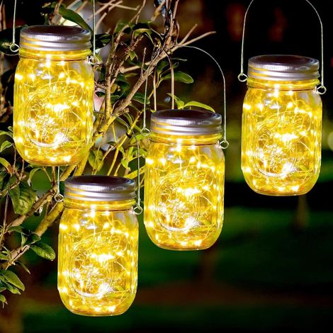 Lanterne Solaire - Lot de 4 - Verre Mason - 30 LED Blanc Chaud - IP65 Imperméable - Jardin Terrasse Mariage (1/5)