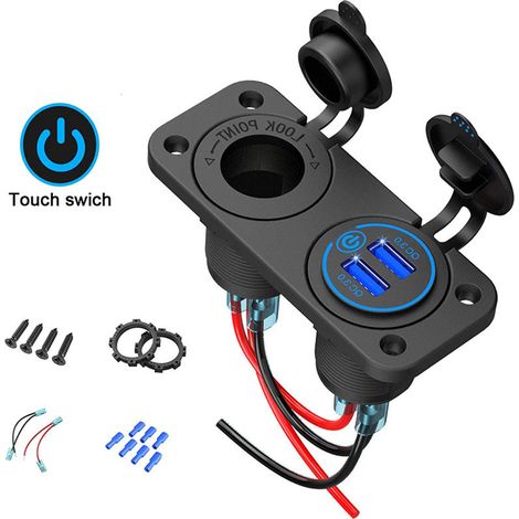 Porte USB Marine 12V avec Interrupteur Tactile, Prise Allume-Cigare QC 3.0 Double Ports LED, pour Bateau Voiture Moto Quad Véhicule (1/5)