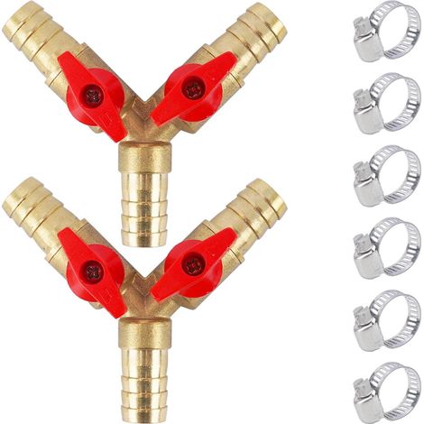 2 Pièces 12 mm Raccord Tuyau d'Arrosage, Laiton Tuyau Gaz Soupape, Raccord Pompe a Eau avec 6 Colliers de Serrage Y Connecteur de Tuyau 3 Voies pour Eau, Huile et gaz pour arrosage de Jardin (1/5)