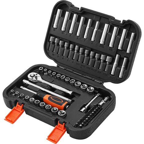 70-teiliger Steckschlüsselsatz, Ratsche und 1/4"-Steckschlüssel, metrisch und zöllig, lang und kurz, Mechaniker-Werkzeugset mit Bits, Zubehör und Koffer, CR-V-Legierungsstahl, Autoreparatur (1/5)