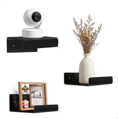 Étagère Murale, 3 Pcs Petite Etagere Murale Noir, Mini Etagere Mural sans Percage, Tablette Mural Flottantes en Acrylique pour Salle de Bains, Salon, Chambre, 10 x 10 x 5 cm (1/5)