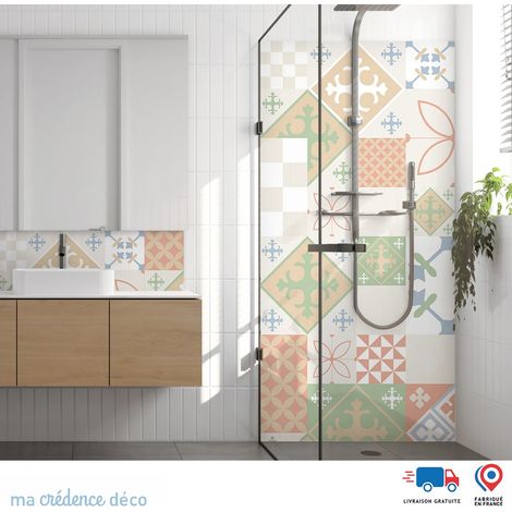 Panneau de douche : Carreaux ciment patchwork 3 - Couleur Beige ivoire - Alu composite - 90 - 245 (1/3)