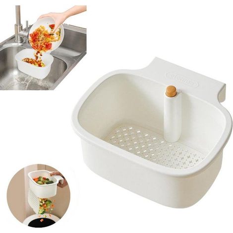 Panier filtre d’évier suspendu auto-nettoyant avec bouton, égouttoir récupérateur de déchets pour cuisine, blanc, 1 pièce (1/5)