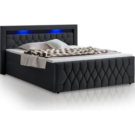 Letto a molle Leona - velluto 140 cm nero Struttura letto con materasso a molle, topper e illuminazione LED