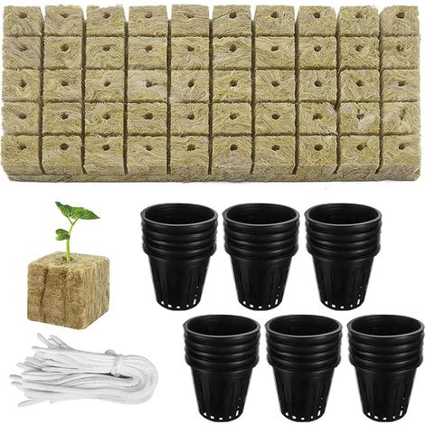 Kit idroponico da 110 pezzi, 30 vasi a rete da 5 cm, 50 tappetini di propagazione in lana di roccia, 30 stoppini autoirriganti, per talee e coltivazione fuori terra (1/5)